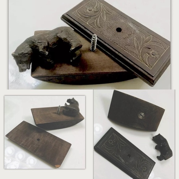 1900s Ink Blotter Hand Carved Wood Black Forest Bear Paperweight VTG RARE Early - Picture 3 of 8